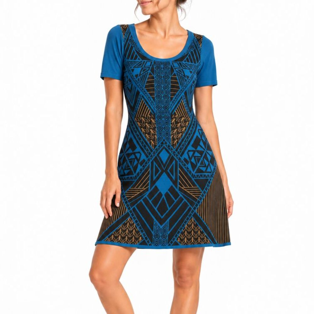 Flying Tomato Sweater Dress Sz S Blue Black Geometric Tribal Fit Flare Knit Boho